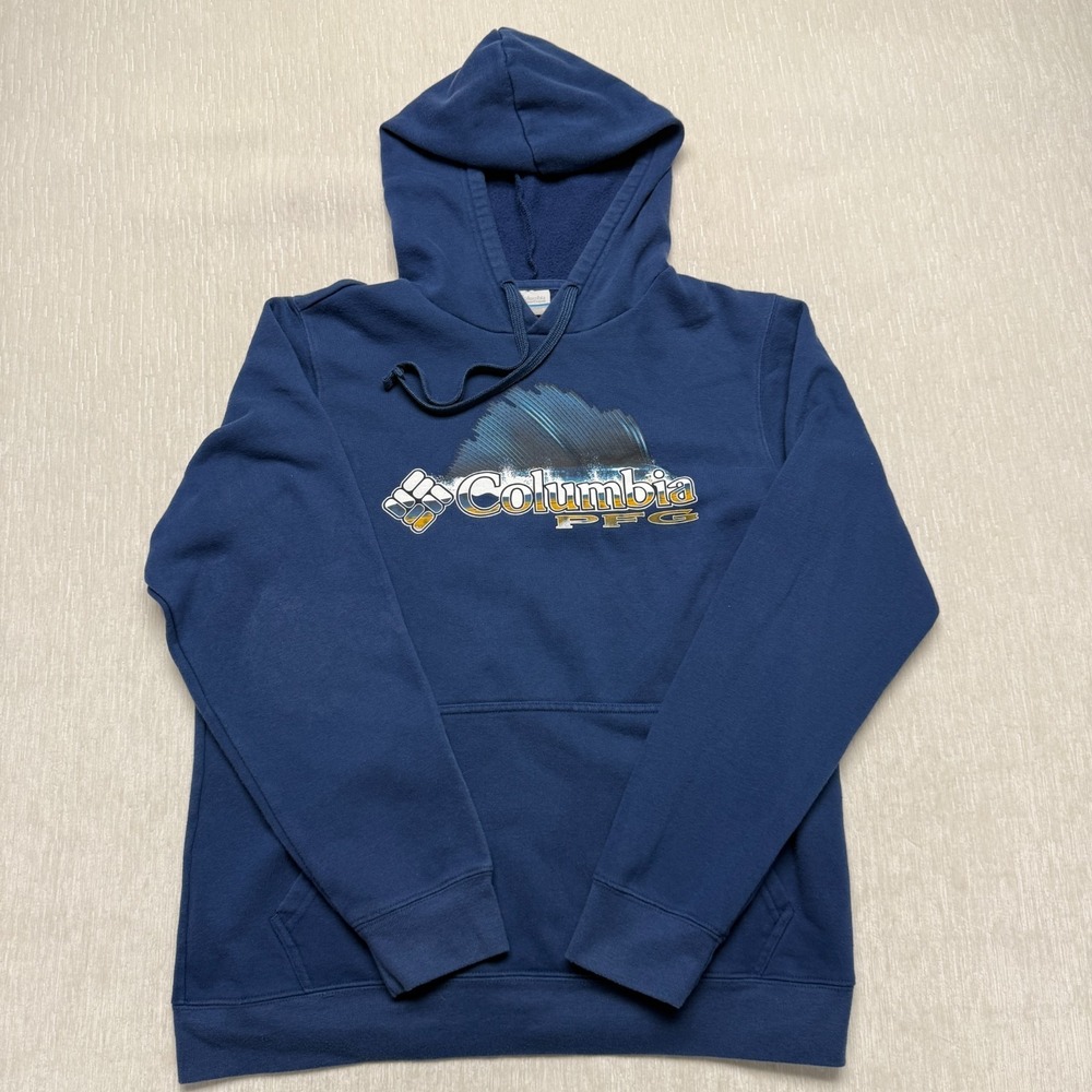 Columbia PFG Solar Stream Hoodie Mens Small Blue Graphic Print Cotton Pullover